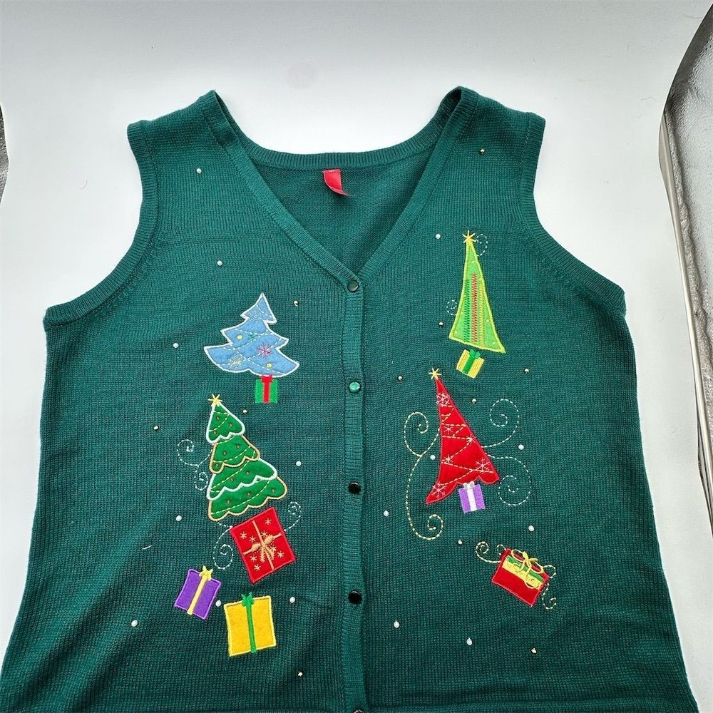 Women's Christmas Sweater Vest Green‎ Embroidered Holiday Trees Size 20